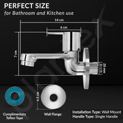 Plantex Long Body Bib Cock for Bathroom with Water Saving Aerator/Wall Mount Bib Tap with Wall Flange and Teflon Tape for Bathroom-7 Year Warranty (FLO-802-Chrome)