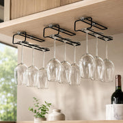 Plantex Self-Adhesive Wine Glass Holder Hanging/Stemware Organizer Rack/Under Cabinet Glass Storage Stand/Wine Rack for Pubs/Kitchen/Bars - Pack of 3 (Black)