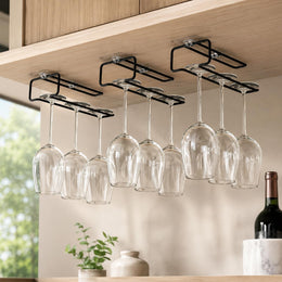 Plantex Self-Adhesive Wine Glass Holder Hanging/Stemware Organizer Rack/Under Cabinet Glass Storage Stand/Wine Rack for Pubs/Kitchen/Bars - Pack of 3 (Black)
