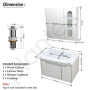 Plantex Unbreakable Wall Mount Wash Basin with Cabinet Full Set/Plywood Bathroom Vanity with Mirror, Coupling & Cabinet Motion Sensor Light (NZBC-35)