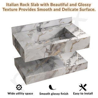 Plantex Slab Tile Floating Vanity with Washbasin for Bathroom/Wall Mount Wash Basin with Cabinet Full Set - 32 x18 inch (ED-Gold-Marble Finish)
