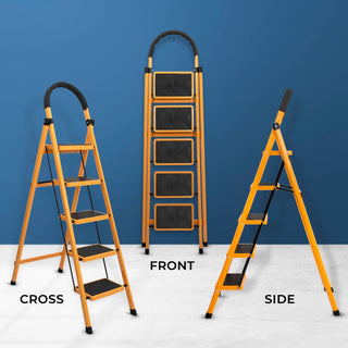 Plantex Premium GI Steel Foldable 5-Step Ladder for Home - Wide Anti Slip 5 Step Ladder (Yellow & Black)