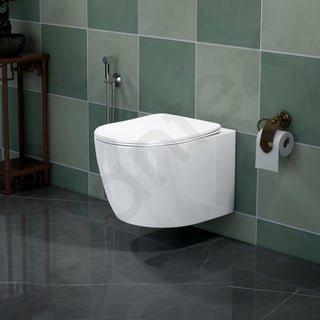 Plantex Imported Italica Ceramic Wall Hung Commode/Rimless Washdown Western Commode with Soft Close Toilet Seat - P Trap (Round, Glossy White)