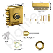 Plantex Stainless Steel Penta Bolt Lock for Main Door/5-Point Security Deadbolt with Brass Cylinder & 4 Keys/Door Lock Set with 5 Years of Warranty (PVD Gold)