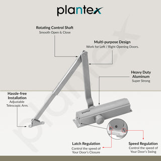 Plantex Heavy Duty Door Closer/Automatic Door Closer for Wooden Door/55 Kg Hydraulic Door Closer for Home/Office/Hotel/Wide 180 Degree Opening (ISO 9001 Certified) - Silver