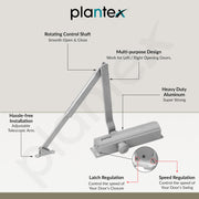 Plantex Heavy Duty Door Closer/Automatic Door Closer for Wooden Door/55 Kg Hydraulic Door Closer for Home/Office/Hotel/Wide 180 Degree Opening (ISO 9001 Certified) - Silver
