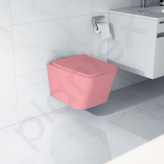 Plantex Imported Italica Ceramic Wall Hung Commode/Rimless Washdown Western Toilet/P - Trap Western Commode for Bathroom with Soft Close Toilet Seat Cover (Square - Matt Pink)