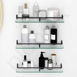 Plantex Frosted Glass Shelf for Bathroom/Shelf with Brass Railings and Brackets/Shelf for Living Room/Bedroom/Kitchen - Pack of 3 (15 x 6 inch, Black)