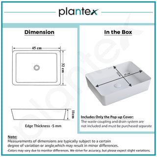 Plantex Melamine Tabletop Wash Basin/Washbasin for Bathroom/Restaurants/Office (White, 18 x 13 x 4.5 Inch)