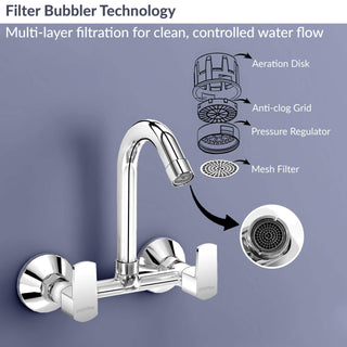 Plantex Sink Mixer Tap for Kitchen with 360° Swivel Spout/Hot and Cold Water Tap with Wall Flange and Teflon Tape/Brass Spindle Sink Tap (Saga-Chrome)