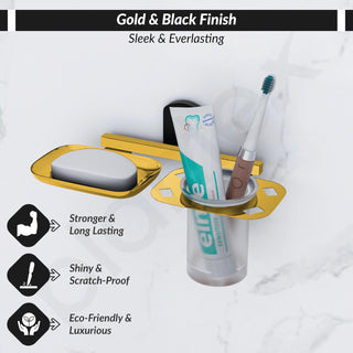 Plantex 304 Grade Stainless Steel 2 in1 Soap Dish with Tumbler Holder/Soap Stand/Tooth Brush Holder for Bathroom/Bathroom Accessories - Parv (Gold & Black)