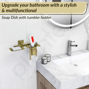 Plantex Soap Dish with Tumbler Holder/Soap Stand/Stainless Steel Soap Case with Toothbrush Holder/Bathroom Accessories - Pack of 1, Aqua (Brass Antique)