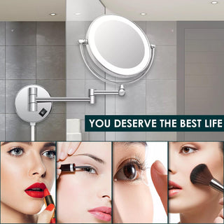 Plantex Brass and 304 Stainless-Steel Magnifying Mirror with LED/Makeup Mirror with Light/Zoom Mirror- 5x/1x Magnification (8 Inch-Chrome/Wall Mount)