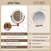 Plantex Brass and 304 Stainless-Steel Magnifying Mirror with LED/Makeup Mirror with Light/Zoom Mirror- 5x/1x Magnification (8 Inch-Rose Gold/Wall Mount)
