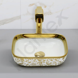 Plantex Ceramic Basin for Bathroom/Designer TableTop Wash Basin/Bathroom Vessel Sink/Washbasin - White & Gold (14.1 x 9 x 5 Inch)