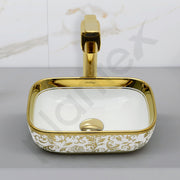 Plantex Ceramic Basin for Bathroom/Designer TableTop Wash Basin/Bathroom Vessel Sink/Washbasin - White & Gold (14.1 x 9 x 5 Inch)