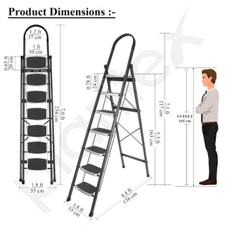 Plantex 7 Step Ladder-Foldable Steel -Wide Anti Skid Steps/5-Year Manufacturer Warranty(Grey & White)