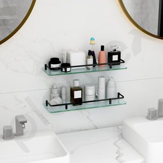Plantex Shelf for Bathroom/Frosted Glass Shelf with Brass Railing and Brackets/Wall Mount Shelf for Living Room/Kitchen - Pack of 2 (18 x 6 inch, Black)