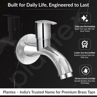 Plantex Pure Brass AQ-1401 Bib Cock Water Tap with Water Saving Techonology Tap with Bib Tap with Brass Wall Flange and Teflon Tape for Bathroom-7 Year Warranty (Mirror Chrome Finish)