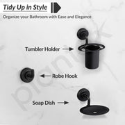 Plantex 304 Grade Stainless Steel Bathroom Accessories Set of 5 - Towel Stand/Napking Holder/Soap Holder/Toothbrush Holder/Robe Hanger - Daizy (Black)