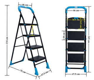 Plantex Heavy-Duty Mild-Steel Stylo Folding 4 Step Ladder for Home with Advanced Locking System - 4 Wide Step Ladder/Anti Skid Step Ladder(Black & Blue)