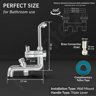 Plantex Brass Wall Mixer for Bathroom 3 in 1/L-Bend Connector for Overhead Shower/Hand Shower/Spout Mixer Tap/Mixture Tap for Bathroom with 7-Year Manufacturer's Warranty-(Ico-919-Chrome)