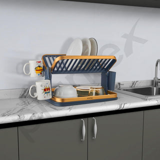 Plantex Kitchen Storage Rack/Aluminium Fold Flat Dish Drying Rack/2-Tier with Drainboard/Kitchen Organiser Rack - (Gold & Grey)