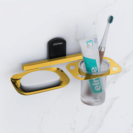 Plantex 304 Grade Stainless Steel 2 in1 Soap Dish with Tumbler Holder/Soap Stand/Tooth Brush Holder for Bathroom/Bathroom Accessories - Parv (Gold & Black)