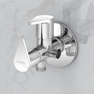 Plantex Pure Brass 2-Way Angle Valve Tap for Bathroom with Brass Wall Flange & Teflon Tape- Quarter Turn Tap (PAC-1808-Chrome Finish)