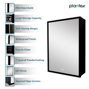 Plantex Bathroom Cabinet with Mirror/Aluminium Framed Bathroom Cabinet Storage/Mirror Cabinet for Bathroom Wall/Bathroom Organiser Cabinet (16x24 Inch, Black)