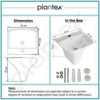 Plantex Ceramic Wash Basin/Wall Hung Half Pedestal Washbasin with 10 Years Glaze Warranty by Plantex/Wall Mount Wash Basin for Bathroom/Office/Hotels (White - 16 x 14 x 14 Inch)