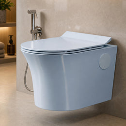 Plantex Platinum Rimless Wall Hung Western Commode/Washdown Bathroom Commode / P Trap Western Toilet with Soft Close Toilet Seat Cover (Ocean)