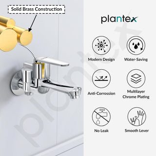 Plantex Pure Brass 2 in 1 Tap for Washing Machine/2-Way Bib Cock for Bathroom with Water Saving Aerator/Bib Cock with Brass Wall Flange and Teflon TapeTape (DOL-2305, Chrome)