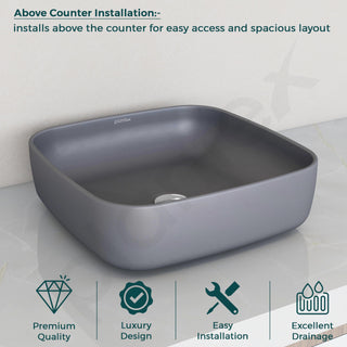 Plantex Premium Tabletop Ceramic Square Wash Basin/Countertop Bathroom Sink (Smoke, 16 x 16 x 5 Inch)