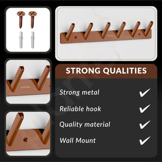 Plantex Wall Hooks for Hanging Cloth/Stainless Steel Towel Hangers/Bathroom Robe Hooks/Door Hangers/Square Wall Hook/Hook Rail for Hanging Keys - 6 Hooks (Pack of 1, PVD Rose Gold)