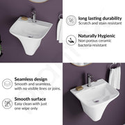 Plantex Wash Basin/Ceramic Wall Hung Half Pedestal Washbasin with 10 Years Glaze Warranty by Plantex/Wall Mount Basin for Bathroom/Office/Hotels (White - 16 x 14 x 14 Inch)