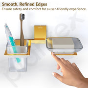 Plantex 304 Grade Stainless Steel Glass Soap Dish with Tumbler Holder/Soap Stand/Toothbrush Holder/Bathroom Accessories - Crystal (PVD Gold)