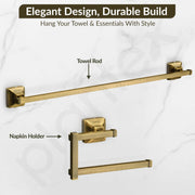 Plantex 304 Grade Stainless Steel Bathroom Accessories Set of 5 - Towel Rod/Hand Napkin Hanger for Wash Basin/Soap Case/Toothbrush Holder/Robe Hook - Squaro (Brass Antique)