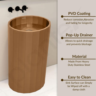 Plantex Stainless Steel Pedestal Wash Basin/Free Standing Round Basin for Bathroom/living Room/Hotel (15 x 15 x 34 Inch - Rose Gold)
