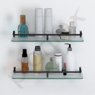 Plantex Frosted Glass Shelf for Bathroom/Shelf with Brass Railings and Brackets/Shelf for Living Room/Bedroom/Kitchen - Pack of 2 (15 x 6 inch, Black)
