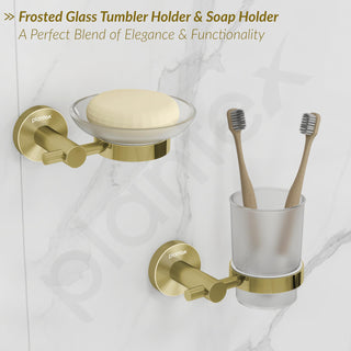 Plantex 304 Stainless Steel and Wood Bathroom Set/Glass Soap Holder & Tumbler Holder/Towel Rod/Napkin Hanger for Washbasin/Robe Hook/Bathroom Accessories - Set of 5 (Gold & Wood)