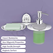 Plantex Soap Holder With Liquid Soap Dispenser/304 Grade Stainless Steel Soap Dish/Shampoo Dispenser/Soap Case/Handwash Dispenser/Bathroom Accessories - (Olive - Chrome)