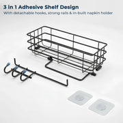 Plantex Self Adhesive Bathroom Shelf/GI Steel Bathroom Shelf with Hook and Napkin Holder/Bathroom Organizer Without Drill/Bathroom Accessories- Pack of 2 (Black)