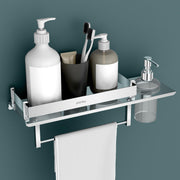 Plantex Stainless Steel 3in1 Multipurpose Bathroom Rack/Shelf with soap Dispenser and Towel Holder - Bathroom Accessories (15x6 Inches), Silver, Set of 1