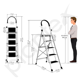Plantex Steel Ladder for Home/Strong Foldable Wide 5 Step Ladder/Anti-Skid 5 Step Ladder - (Apex - White)
