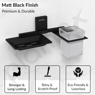 Plantex 304 Grade Stainless Steel Soap Dish with Glass Toothbrush Holder/Soap Stand/Soap Case with Tumbler/Bathroom Accessories - (Crystal, Black)