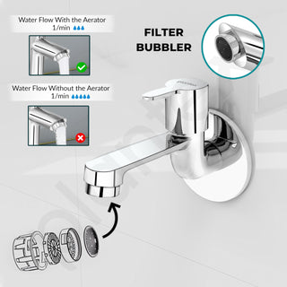 Plantex Long Body Bib Cock for Bathroom with Water Saving Aerator/Wall Mount Bib Tap with Wall Flange and Teflon Tape for Bathroom-7 Year Warranty (FLO-802-Chrome)