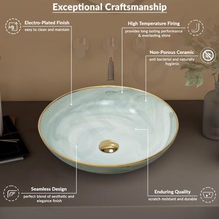Plantex Wash Basin/Ceramic Table Top Wash Basin/Designer Countertop Basin for Bathroom/Restaurants/Hotel (Mint green & Gold - 16.5 x 16.5 x 4 Inch)
