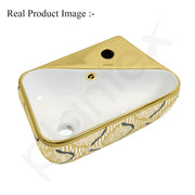 Plantex Ceramic Designer Washbasin for Bathroom/Wall Hung Wash Basin/Rectangle Basin for Home/Office/Hotel (17.5x10.5x5 Inch - White & Gold)