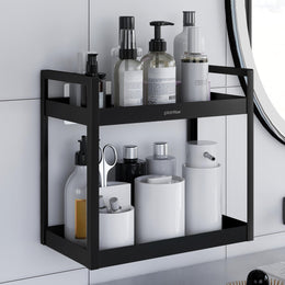 Plantex Deluxe 2 Tier Self Adhesive Bathroom Shelf Rack/Bathroom Organiser Without Drill/Bathroom Shelf Rack/Multipurpose Kitchen Stand Shelf/Wall Adhesive Shelf (Black, Powder Coated,GI Metal)